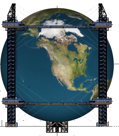 Engineering render of The Great Globe with steel support structure and cranes