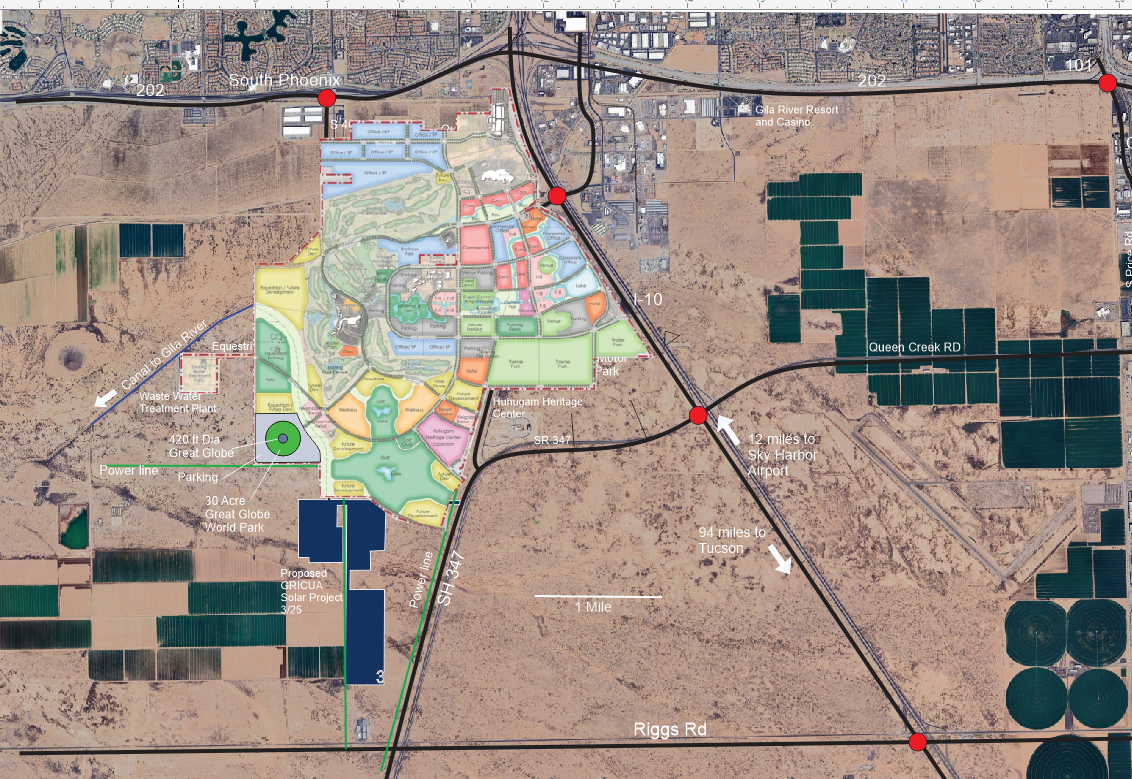 Satellite view of the Gila River primary build site south of Phoenix, AZ with development plan overlay
